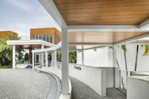 White structure and wood finish pergola roof