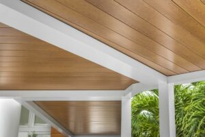 Detail of aluminum pergola with wood finish roof - Sout florida country club
